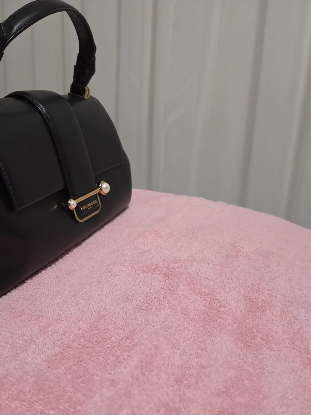 Karl Lagerfeld Black Leather Satchel with Pearl and Gold Accents - Picture 4 of 13